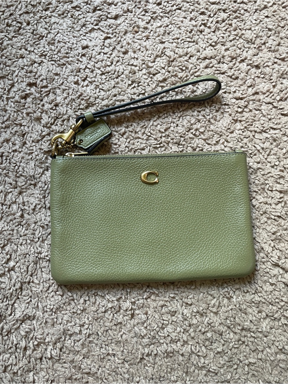 Coach Moss Green Pebbled Leather Wristlet Pouch